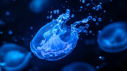 Aufkleber - mesmerizing underwater scene with vibrant blue jellyfish floating in the deep blue ocean. The jellyfish appear to be glowing, creating a sense of mystery and beauty.