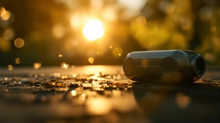 Poster - discarded aluminum can lying on the ground against a blurred background of a setting sun, creating a bokeh effect with warm golden hues.