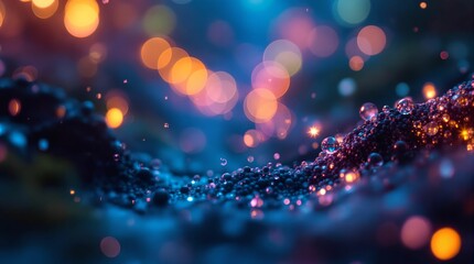 Aufkleber - fantastical scene with glowing, colorful particles forming a wave-like structure against a dark background, creating a bokeh effect. The vibrant colors and the dynamic wave pattern give a surreal and 