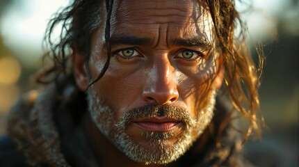Poster - man with long, dark hair and a beard, wearing a fur-lined coat. The background appears to be outdoors, with sunlight illuminating the scene.