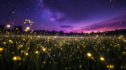 Poster - grassy field at night, with a bright milky way galaxy visible in the sky, and numerous fireflies emitting a yellow glow.