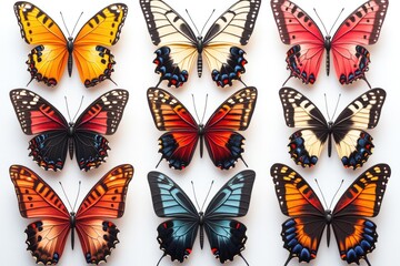 Poster - A group of colorful butterflies perched on a white surface, ideal for use in designs and illustrations