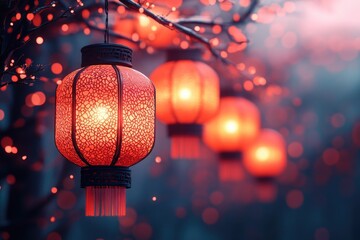 Aufkleber - A set of vibrant red lanterns suspended from a tree branch, creating a warm and cozy ambiance