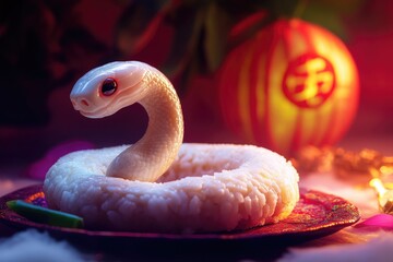 Poster - A single white snake sits on top of a colorful purple plate, ready to be served or admired