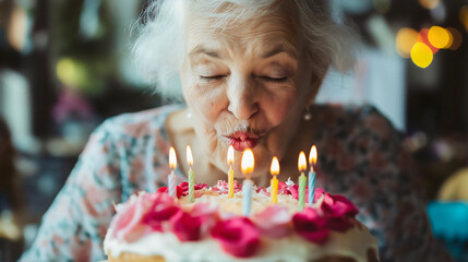 Senior woman blowing birthday cake candle, happy grandmother celebration portrait, elderly female retirement party moment, cheerful mature celebration scene