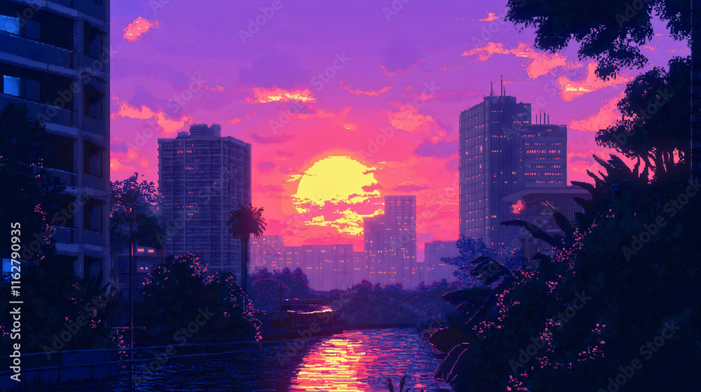 Retrowave cityscape with neon sunset sky, pixel art urban night scene ...