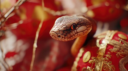 Fototapete - A close-up shot of a snake against a bright red background, great for highlighting its texture and pattern