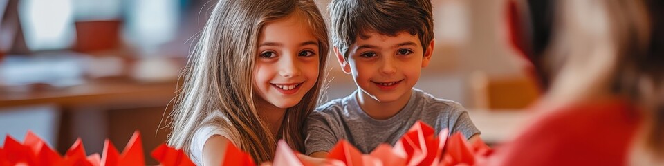 A girl and a boy make beautiful valentines for Valentine's Day. February 14.