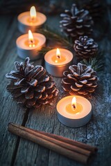 Aufkleber - A group of lit candles placed on a wooden table, perfect for creating a warm and cozy atmosphere