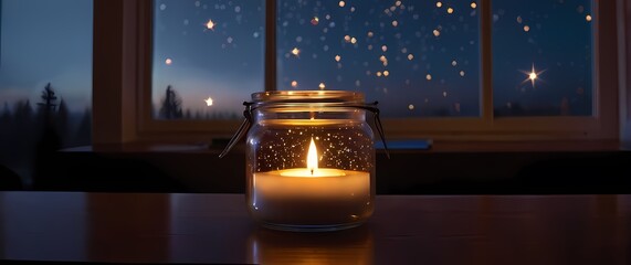 Wall Mural - A softly glowing candle in a glass jar on a wooden desk surrounded by soft light under a sky filled with vibrant stars