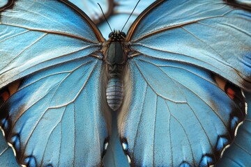 Poster - A close-up shot of a blue butterfly perched on a blue background, great for use in designs where you want to emphasize the beauty of nature