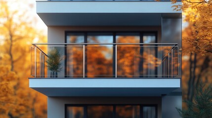 Aufkleber - A modern building with a balcony featuring a glass railing, suitable for architecture, design, or cityscape images