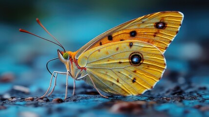 Aufkleber - Close-up shot of a yellow butterfly perched on a blue surface, possibly a leaf or a rock