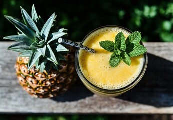 Wall Mural - Refreshing Pineapple Mint Smoothie in Jar, Summer Drink