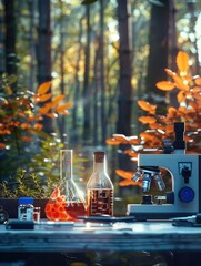 Aufkleber - A finely detailed laboratory table set in a vibrant forest, a glass beaker with a red solution, small plant pot, red and blue magnet, and microscope on the table.