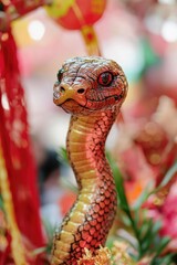 Poster - A close-up view of a snake statue surrounded by colorful flowers