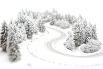 Poster - A snowy road surrounded by snow-covered trees, perfect for winter scenes and outdoor activities