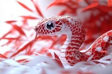 Poster - A close-up view of a snake surrounded by vibrant red leaves