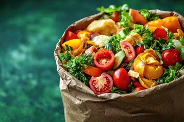 Poster - Fresh salad in a brown paper bag on a table, perfect for takeout or meal prep