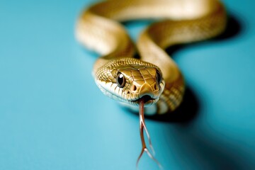 Poster - Close-up shot of a snake on a blue surface, ideal for use in scientific or educational contexts