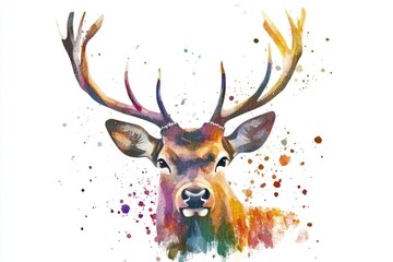 Wall Mural - Watercolor illustration of a deer's head with detailed fur and antlers