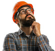 © Nemanja - Thoughtful engineer in safety helmet contemplating, pensive architect seeking solutions, professional builder deep in project planning, construction manager expressing careful consideration isolated
