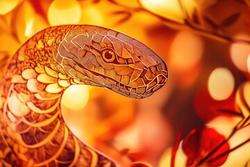 Poster - Close-up shot of a snake coiled around a tree branch, highlighting its scaly texture and alert posture