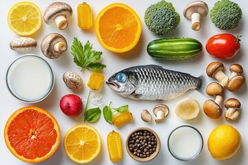 Poster - A colorful arrangement of fresh fruits and vegetables surrounding a fish, ideal for food blogs or health-related content