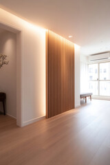 Wall Mural - Modern interior design with wooden wall and warm lighting