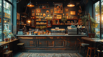 Aufkleber - A vintage-style coffee shop with a classic coffee counter, warm and cozy ambiance, soft lighting casting a gentle glow on the wooden furniture.