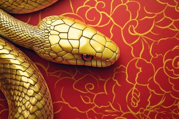 Poster - A golden snake statue stands out against a bright red background