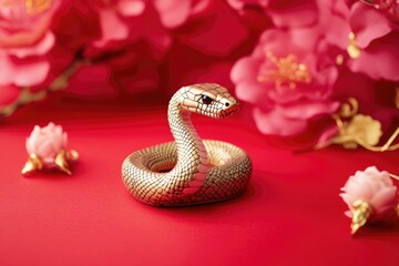 Aufkleber - A colorful depiction of a snake figurine placed on a red background surrounded by flowers, great for decorative or illustrative purposes