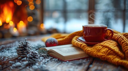 Wall Mural - A cozy reading nook with a Christmas blanket, a book, and a cup of tea. Enjoy quiet moments of relaxation during the busy holiday season