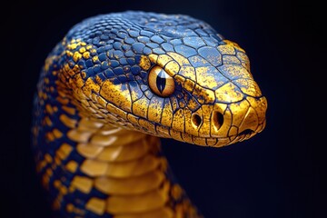 Poster - A close-up shot of a snake's head on a black background, perfect for highlighting details and texture