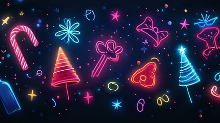 Wall Mural - bright christmas and new year banner with neon signs, party streamers and festive hats over a deep b