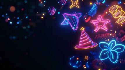 Wall Mural - bright christmas and new year banner with neon signs, party streamers and festive hats over a deep b
