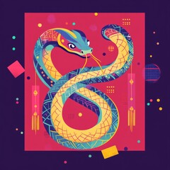 Aufkleber - A vibrant snake coils on a bold red surface