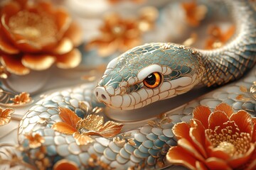 Poster - A close-up shot of a snake surrounded by colorful flowers, great for wildlife or nature-themed projects