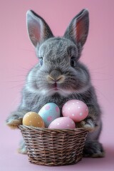 Wall Mural - A cute, plush rabbit with a basket of Easter eggs on a light pink background