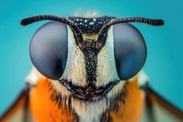 Poster - A close-up shot of a bee's face on a blue background