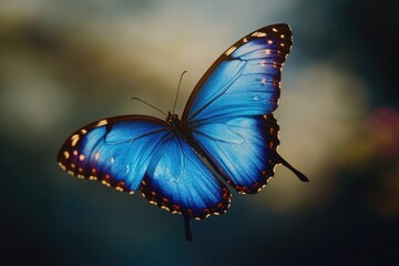 Poster - A blue butterfly flying through the air, ideal for use in illustrations about nature and wildlife