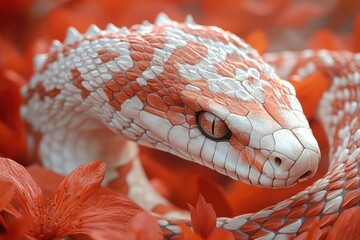 Poster - Close-up shot of a snake's head surrounded by vibrant red flowers, great for editorial or commercial use in contexts such as wildlife, nature, or symbolic themes