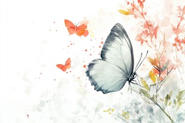 Poster - A colorful watercolor painting of a butterfly surrounded by flowers, great for nature-themed designs or illustrations