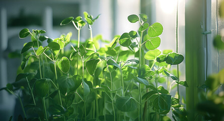 Aufkleber - Indoor peas and beans growing on small trellises, lush green vines, cozy indoor garden, organic legumes.