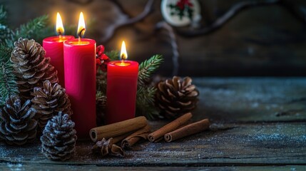 Poster - Three candles sitting on a wooden table, perfect for decorative purposes or as a focal point