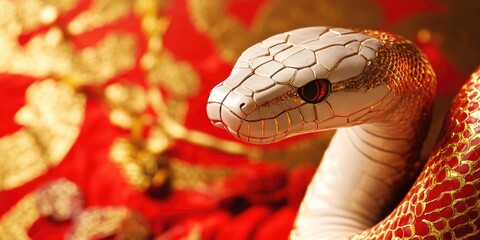 Aufkleber - A close-up view of a snake's head and body on a red cloth, suitable for use in designs where a reptile or serpent is needed