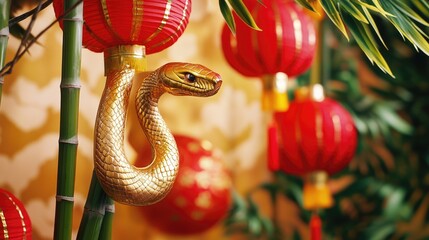 Aufkleber - A golden snake statue hangs from a bamboo tree, great for decorative or cultural background
