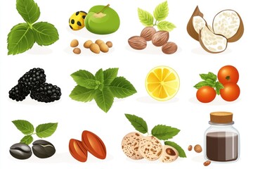 Poster - Assortment of colorful fruits and vegetables arranged on a clean white surface, ideal for food photography or educational purposes