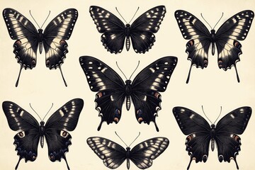 Poster - Group of butterflies perched on a white surface, illustration style