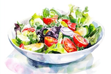 Poster - A watercolor painting of a fresh salad in a bowl, great for food or healthy living illustrations